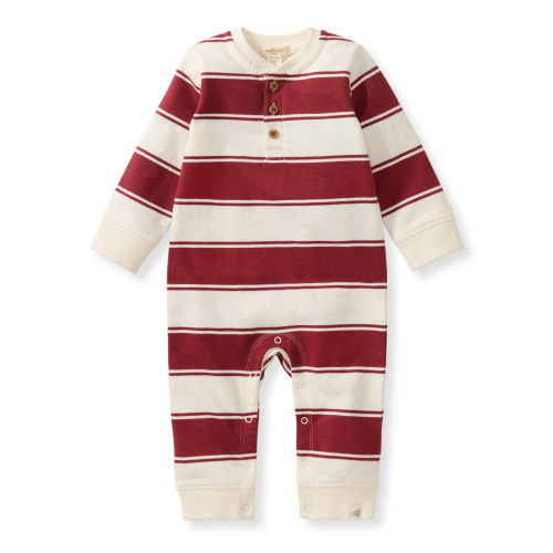 Burt's Bees - Rugby Peace Stripe Baby Boy Jumpsuit - Brick Red – 6-9 month
