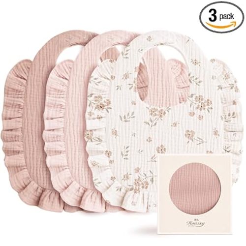 Konssy 3-Pack Muslin Baby Girl Bibs, 100% Cotton with Ruffle Trim