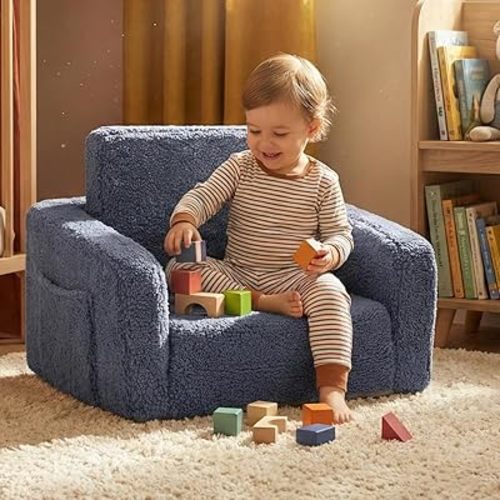 Toddler Baby Chair Couch Sofa Kids Foldable 2-in-1 Sherpa Fold Out Couch Toddler Chairs Comfy for Boys & Girls Convertible Kids Furniture lounge chair for Playroom with Double Pockets, Dark Grey