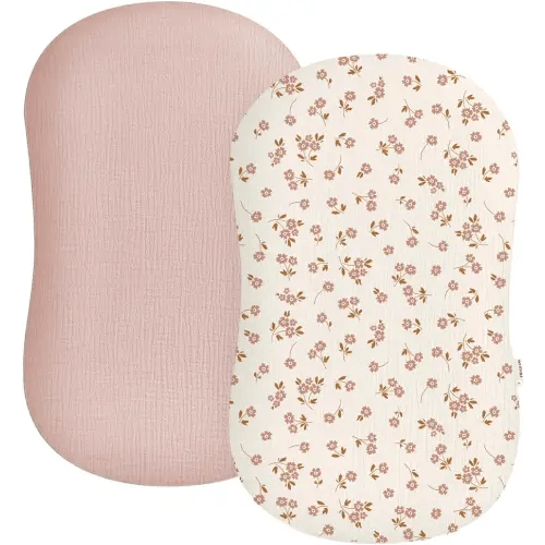 Muslin Baby Lounger Cover 2 Pack, Soft Breathable Newborn Lounger Pillow Cover for Boys Girls Infant (Flower E & Pink)
