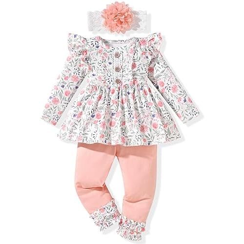 HINTINA Toddler Infant Girl Ruffle long Sleeve Top Pants 2 Piece Outfits Baby Girl Fall Winter Clothes Set