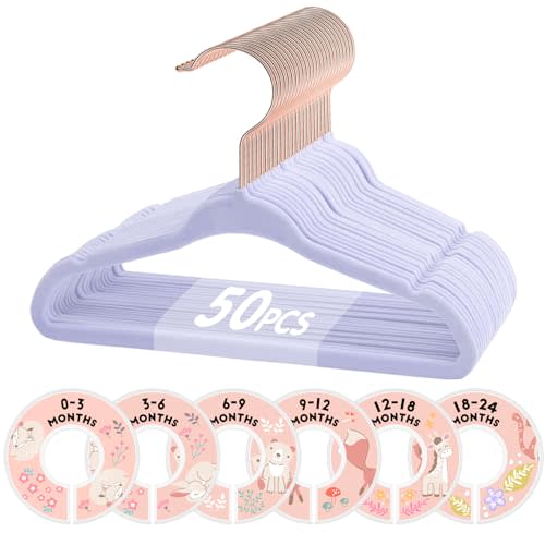 VIS'V Velvet Baby Hangers with 6 Pcs Size Dividers, 11 Inch, Purple, 50 Pcs | Compact Size, Non Slip, Infant Toddler Nursery Closet Organization