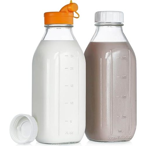 32 Oz Reusable Glass Water Bottles with Silicone Dispenser Cap, 2 Pack Milk Jugs with Airtight Screw Lids, Leak Proof Glass Juice Bottles with Scale Marks for Fridge