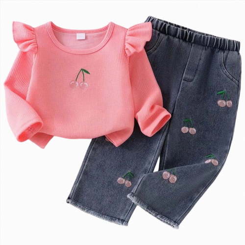 Enyan Toddler Baby Girl Clothes Fall Winter Baby Girl Outfit Fly Sleeve Crewneck Sweatshirt Jeans 2-Piece Set