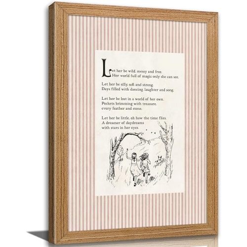 Framed Vintage Girl Nursery Wall Art Girlhood Poem Canvas Wall Decor Pink Children's Nursery Painting Picture Cottagecore Sketched Kids Art Print for Kids Bedroom Girls Room Playroom