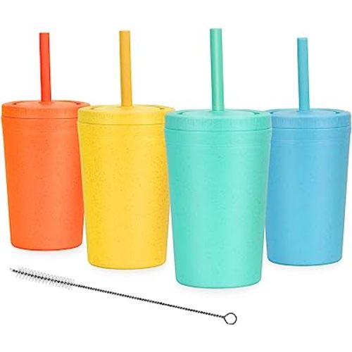 Homestockplus Reusable Wheat Straw Cups with Lids and Silicone Straws, 10 Oz Chip Resistant E-Co Friendly Small Water Cups for Milk, Drinks, Smoothies - 4 Colors