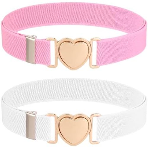 2 Pack Girls Belt for Waist Size 15-30", Kids Elastic Belt Heart-Shaped Metal Buckle Waist Belt for Girls