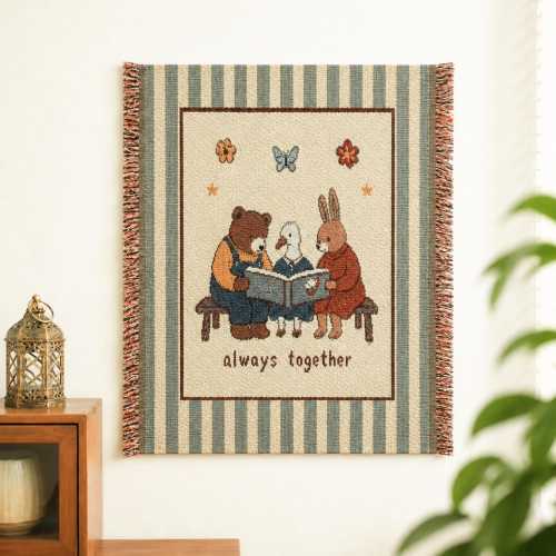 Woven Wall Tapestry, Fringed Fabric Wall Hanging, Vintage Animal Textile Art, Nursery and Bedroom Decor, Cottagecore Wall Decor