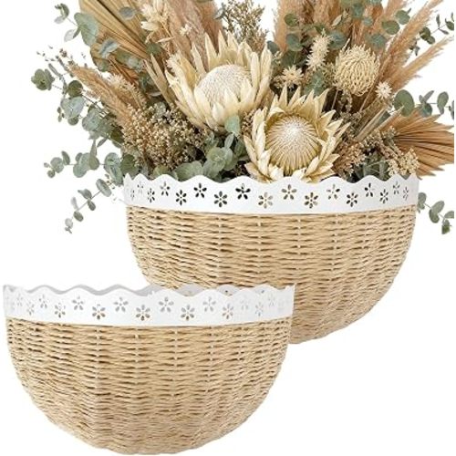 XSZ Scalloped Wall Baskets - 2 Pcs Woven Boho Wall Decor, Front Door Baskets Hanging Storage for Entryway, Living Room & Kitchen, Sturdy Steel Frame Wall Organizer for Home (16" & 14")