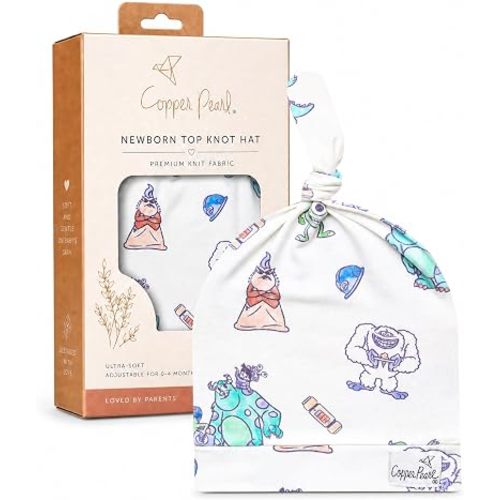 Copper Pearl Baby Beanie Hat: Soft Stretchy Top Knot Hat for Newborn Boys and Girls, Adjustable Knot Grows with Your Child, Infant Cap and Shower Gift, Monsters Inc Friends, 0-6 Months
