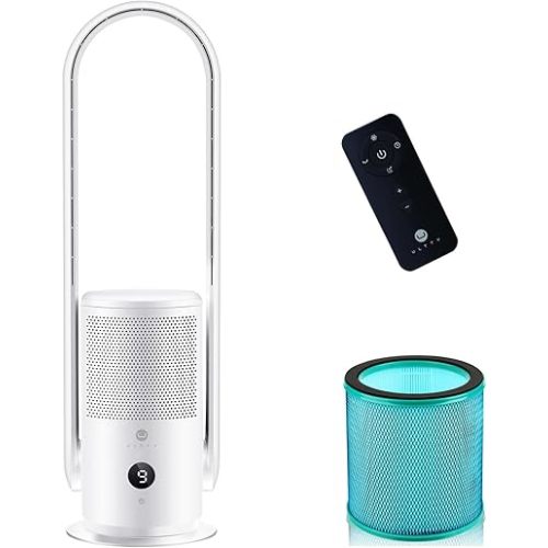 U ULTTY Bladeless Tower Fan and Air Purifier in one, True HEPA Filter 99.97% Smoke Dust Pollen Dander, Oscillating Tower Fan with Remote Control CR022D, White