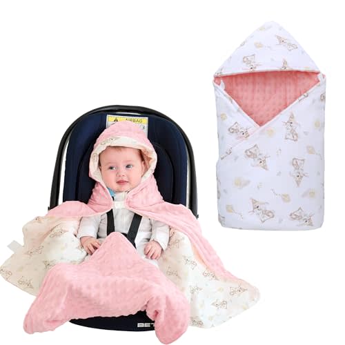 LAT LEE AND TOWN Winter Baby Car Seat Blanket-Universal CarSeat Covers for Babies,Thicken Warm Swaddle Blankets for Infants Newborn,Baby Bunting for Stroller,35"x35"(Hat Rabbit+Light Pink)