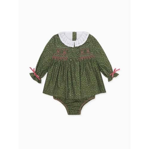 Green Floral Magdalena Baby Girl Hand-Smocked Set | La Coqueta Kids UK