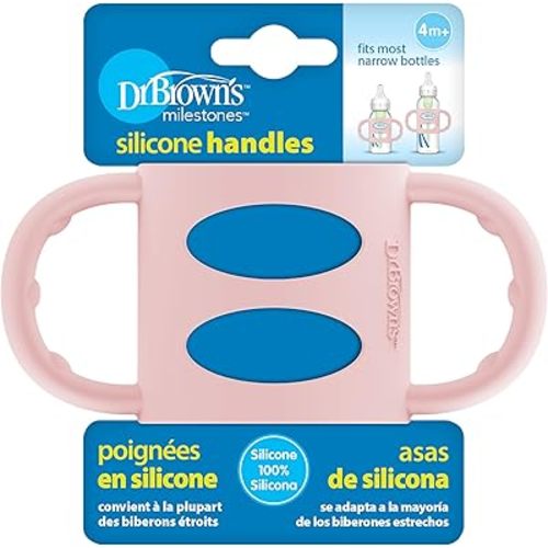Dr. Brown's Narrow Baby Bottle Handles, 100% Silicone, Easy Grip Removable Handles for Bottle to Sippy Cup Transition, Pink, 4m+