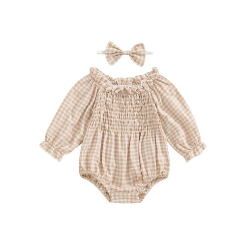 Hirigin Newborn Infant Baby Girl Cotton Linen Plaid Romper 0 3 6 12 18 Months Off Shoulder Long Sleeve Smocked Bodysuit with Headband