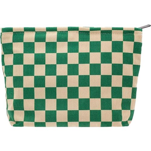PAZIMIIK Makeup Bag Large Zipper Corduroy Make Up Pouch for Purse Travel Canvas Cosmetic Organizer for Women Brush Storage,Checkered Green