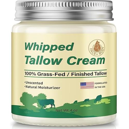 Beef Tallow for Skin, Organic Grass Fed Whipped Beef Tallow Balm Moisturizer Deeply Nourishing for Face & Body, Natural Unscented Tallow Face Moisturizer Cream for Dry Skin, 4oz
