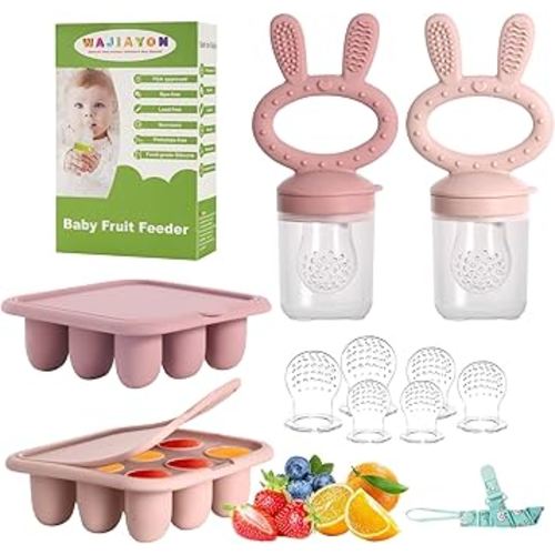 WAJIAYON Baby Breastmilk Popsicle Molds & Baby Fruit Feeder (4 Pack), Infant Food Freezer Tray Storage Containers, Silicone Teething Pacifier Feeder and Teether for Babies(Pink&Purple)