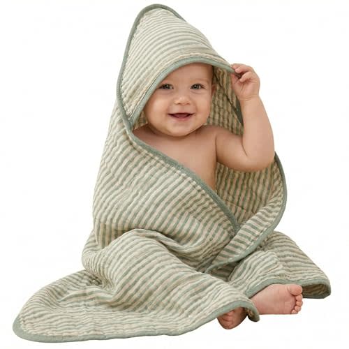 Muslin Baby Beach Bath Towel Hooded Organic Cotton Blend (Stripe) | 32x32 Inches, 6-Layer Interlocking Weave,Coastal Theme, Healing Sage Gift, Infant Beach Essentials, Curated Gift Box