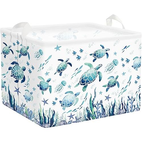 Sea Animals Laundry Hamper Ocean Fish Coral Large Storage Basket Parents Organizer Kids Clothes Toy Bins for Bedroom, Bathroom, Blue Turtles, 36L