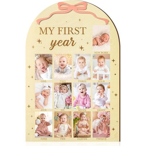 R HORSE My First Year Photo Frame Board, 3D Pink Bow Display Wood Board, Baby’s First Year 12 Months Milestone Sign 1st Birthday Frame Nursery Decor Keepsake Gift for Boy Girl