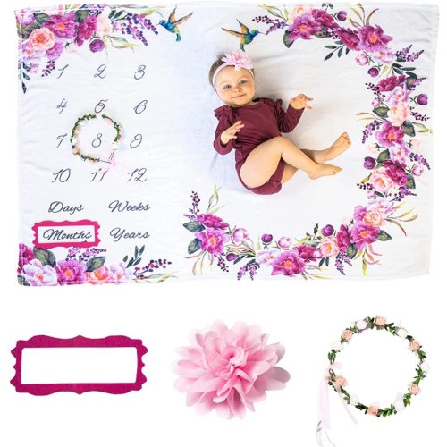 Bliss n' Baby Milestone Blanket for Baby Girl - Perfect Baby Age Blanket with Growth Chart Blanket - New Moms Set, Wrinkle Free, Washable, Dryable Headband- 60"x40"