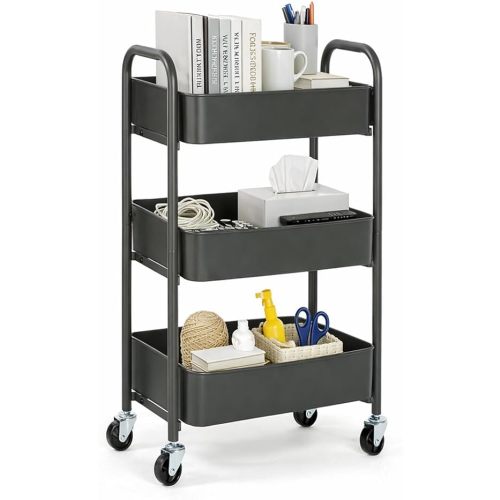 SunnyPoint 3-Tier Delicate Compact Rolling Metal Storage Organizer - Mobile Utility Cart Kitchen/Under Desk Cart with Caster Wheels (Gray, 15.35" X 10.24" X 26.8"H)