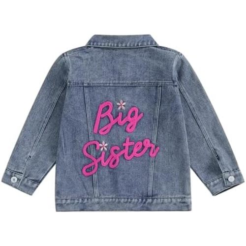 VISGOGO Toddler Baby Girl Jacket Big Lil Sister/Brother Letter Embroidery Jean Long Sleeve Cardigan Button Denim Coat