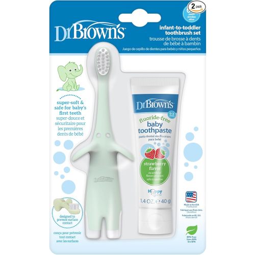 Dr. Brown’s Infant-to-Toddler Training Toothbrush Set, Mint Elephant with Fluoride-Free Strawberry Baby Toothpaste, 0-3 years