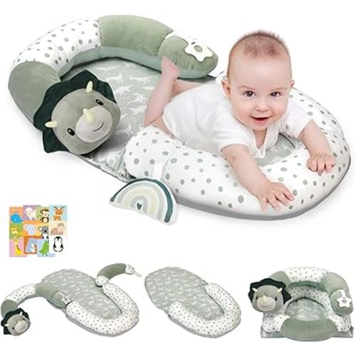 Foryoomi 4 in 1 Tummy Time Mat with Educational Cards, Play Mat & Sitting Support for Newborn 0-12 Months, Infant Baby Sit Me Up Floor Seat, Sensory Skills Gifts, Dinosaur
