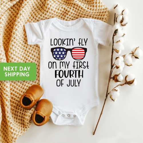 Lookin Fly On My First Fourth if July Baby Onesie® First 4th Of July Onesie®For Baby, First 4th Of July Bodysuit, Cute July 4th Baby Gift