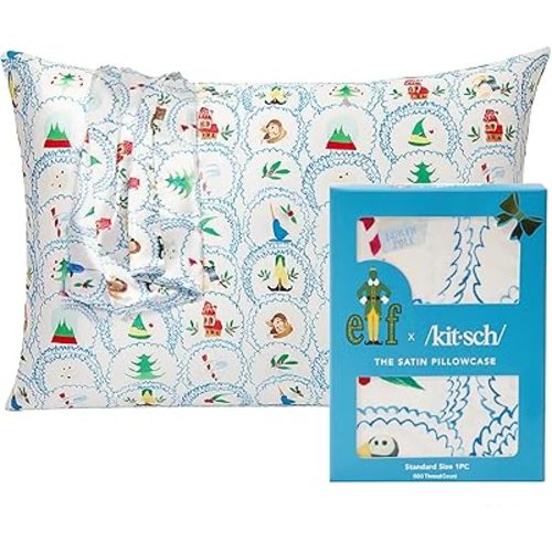 Kitsch x Elf North Pole Satin Pillowcase with Zipper for Hair & Skin - Softer Than Silk Pillow Cases, Cooling Satin Pillow Case, Wrinkle-Free, Machine Washable Pillow Cases Standard Size (19x26)
