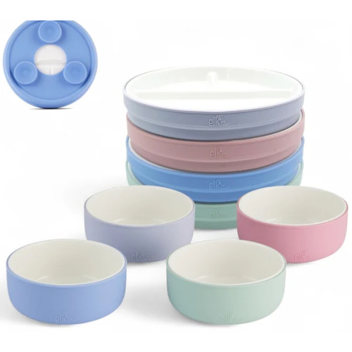 Kids Porcelain Mealtime Bundle | Suction Sleeves | 6.7" Plates + Bowls | 8 Pcs | Blush/Lilac/Sage/Misty Blue