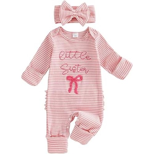 FIOMVA Im New Here Newborn Outfit Girl Long Sleeve Letter Romper Ribbed Knit Jumpsuit Baby Girl Preemie Coming Home Outfit