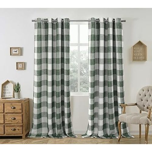 DriftAway Buffalo Plaid Blackout Curtains Linen Textured Farmhouse Double Layer Thermal Insulated Yarn Dyed Woven Checkered Gingham Grommet Drapes for Living Room 2 Panels Each 52W x 84L Loden Green