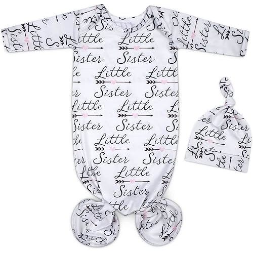 Baby Newborn Knotted Gown 0-6 Months, Soft Breathable Sleeper Gowns, Babies Girl Coming Home Outfit Infant Little Sister Nightgowns with Hat Set