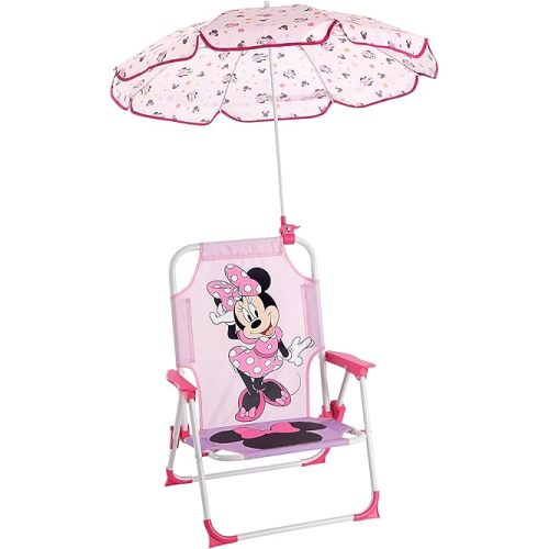 Disney Minnie Mouse Kids Beach Chair with Umbrella, Foldable Portable Toddler Chair with Armrests, Locking Safety Mechanism & Sun Shade, Lightweight Outdoor Seating for Beach, Pool, Camping, Picnic