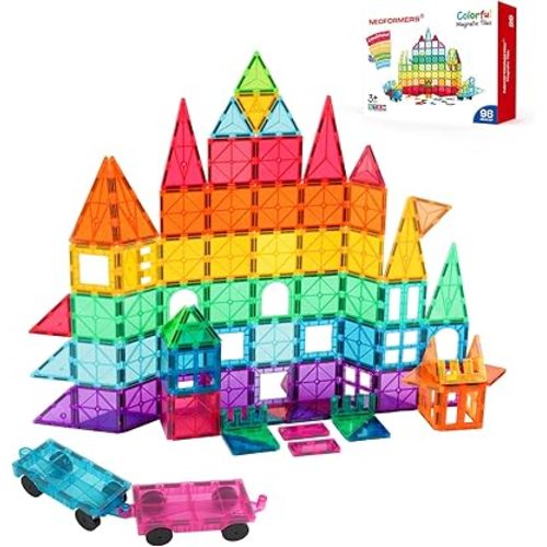 Magnetic Tiles, 96PCS Magnetic Block Toddler Toys with 2 Cars, 3D Clear Magnet Building Tiles Set, STEM Educational Toys for Kids 3-9 Years