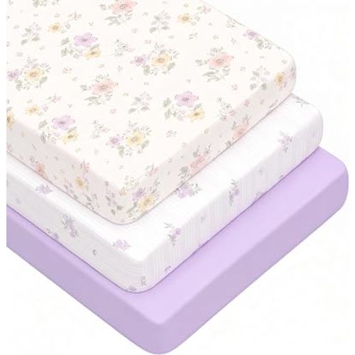 3 Pack Crib Sheets for Girls – Fitted Crib Sheets for Standard Crib Mattress and Toddler Mattress, Ultra Soft Breathable Washable Polyester, 28x52inch - Purple & Flower