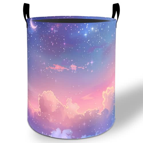 Galaxy Laundry Basket Hamper 19.7"x15.8", Stars and Clouds Sky Foldable Waterproof Oxford Clothes Storage Bucket for Room Bathroom Bedroom Nursery Decor, Toy Organizer Bins Gifts for Kids Boys Girls