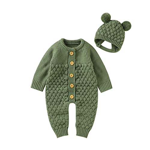 Newborn Baby Boy Girl Winter Clothes Knitted Sweater Romper Crewneck Solid Color Jumpsuit Hat Infant Fall Outfit