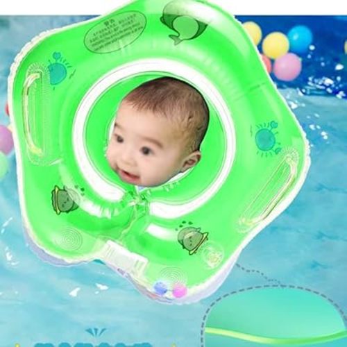 Infant Swim Pool Float Trainer for 0-18 Months,Inflatable Baby Pool Ring, Toddler Bathtub Swim Training -Lightweight Cute Print with Built-in Bell (Green)