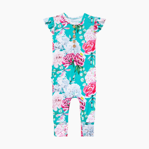 Posh Peanut Ruffled Capsleeve Henley Romper - Eloise Teal, 0-3 Months