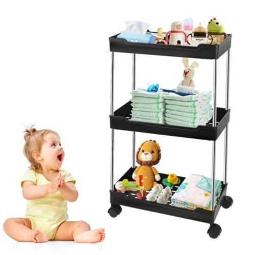 Z&Agoimnhw Baby Diaper Caddy & 3-Tier Rolling Diaper Cart,Plastic Movable Cart for Newborn Nursery Essentials,Mobile Utility Cart with Wheels for Nursery, Bedroom, Changing Table & Crib,Black