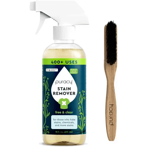Puracy Stain Remover - Natural Spot Cleaner Spray for Clothes and Laundry, Travel and Oil Stain Removal - 12oz With Brush