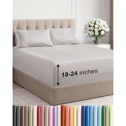 Extra Deep Pocket King Sheets - 4 Piece Breathable & Cooling Bed Sheets - Hotel Luxury Bed Sheet Set - Soft, Wrinkle Free & Comfy - Easily Fits Extra Deep Mattresses - Deep Pocket Light Grey Sheets