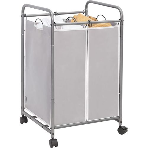 STORAGE MANIAC Laundry Sorter 2 Section, 90 L Gal Laundry Hamper with Wheels, Clothes Basket Separator Sorter, 2 Bag Clothes Cart with Wheels and Removable Bags for Closet, Dorm, Collage, Grey