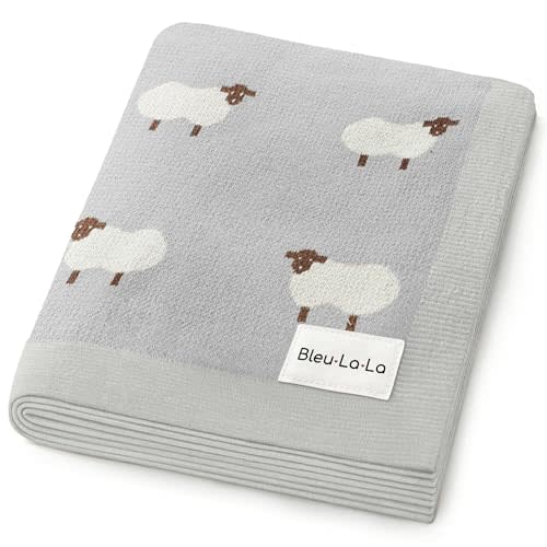 Bleu La La Knit Baby Swaddle Blanket - 100% Cotton Soft Cozy Lightweight Unisex Receiving Swaddling Stroller Quilt Blanket for Shower Gift Registry for Newborns Infants & Toddlers (Sheep - Grey)