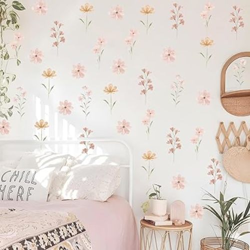 48 PCS Boho Flower Stickers Daisy Wall Decals for Girls' Rooms, Playrooms, and Nurseries Dual Layer Print for High Coverage Removable Peel and Stick Wall Decor
