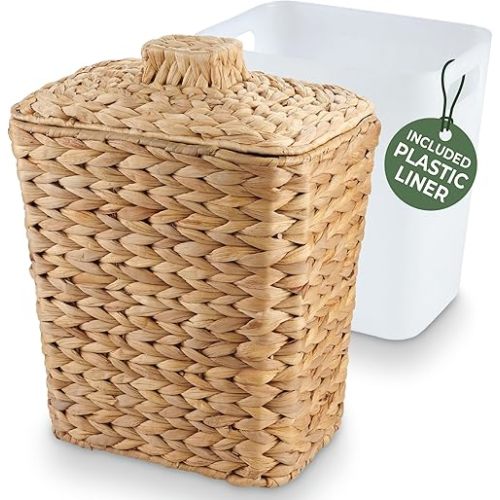 Wicker Trash Can with Lid and Liner - Rattan Trash Can for Bathroom - Decorative Wicker Waste Basket for Bedroom, Kitchen and Office (Natural Hyacinth)